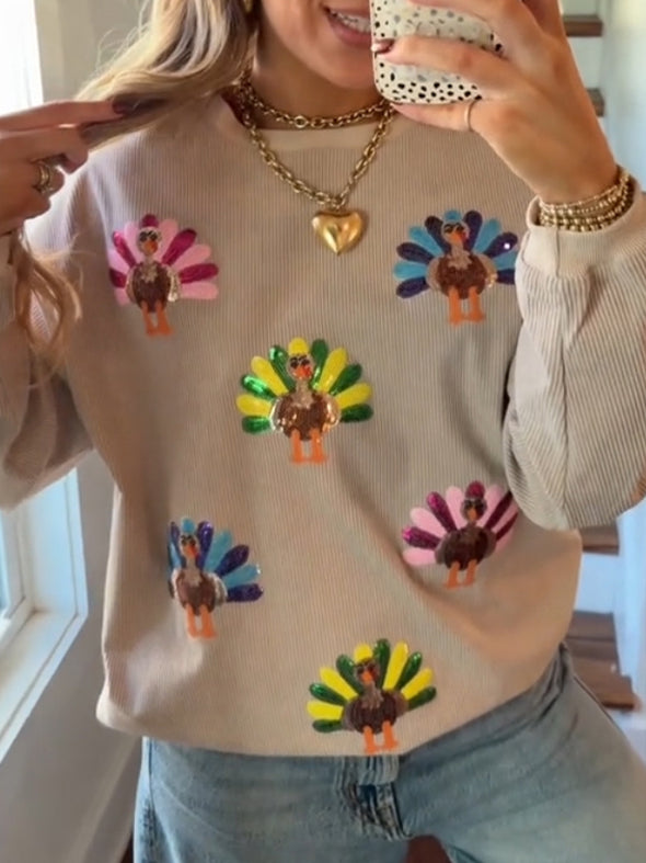 Women Round Neck Thanksgiving Element Turkey Thread Casual Sweatshirt
