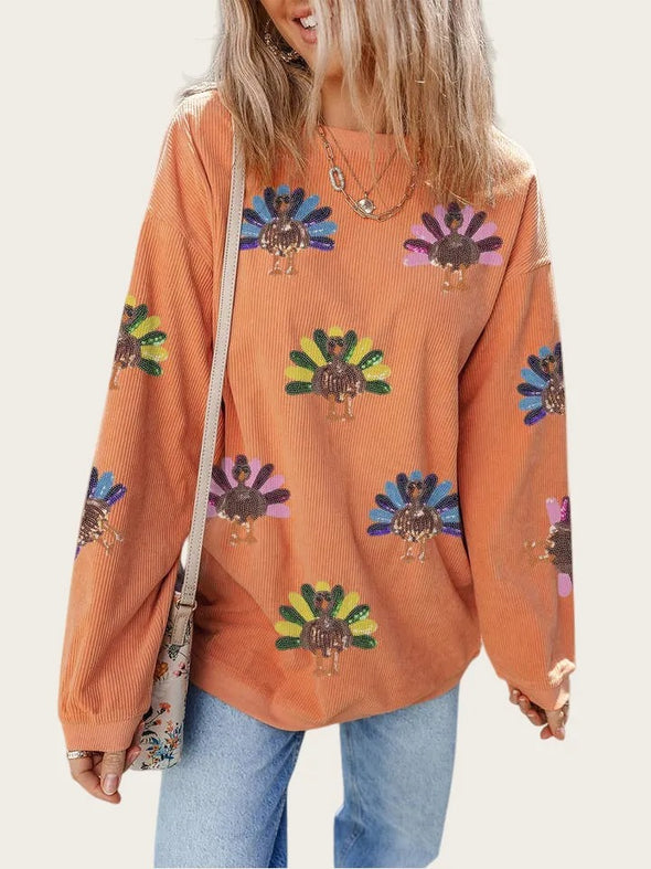 Women Round Neck Thanksgiving Element Turkey Thread Casual Sweatshirt