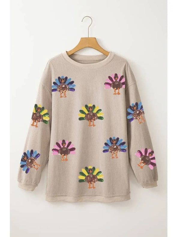 Women Round Neck Thanksgiving Element Turkey Thread Casual Sweatshirt