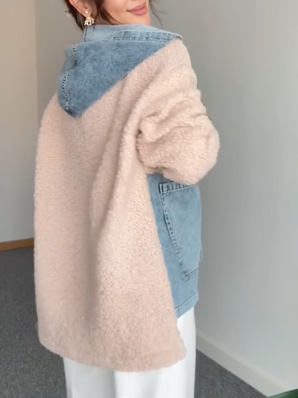 Women Hooded Spliced Denim Plush Casual Jacket
