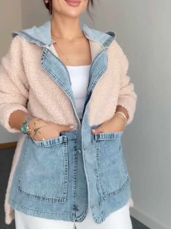 Women Hooded Spliced Denim Plush Casual Jacket