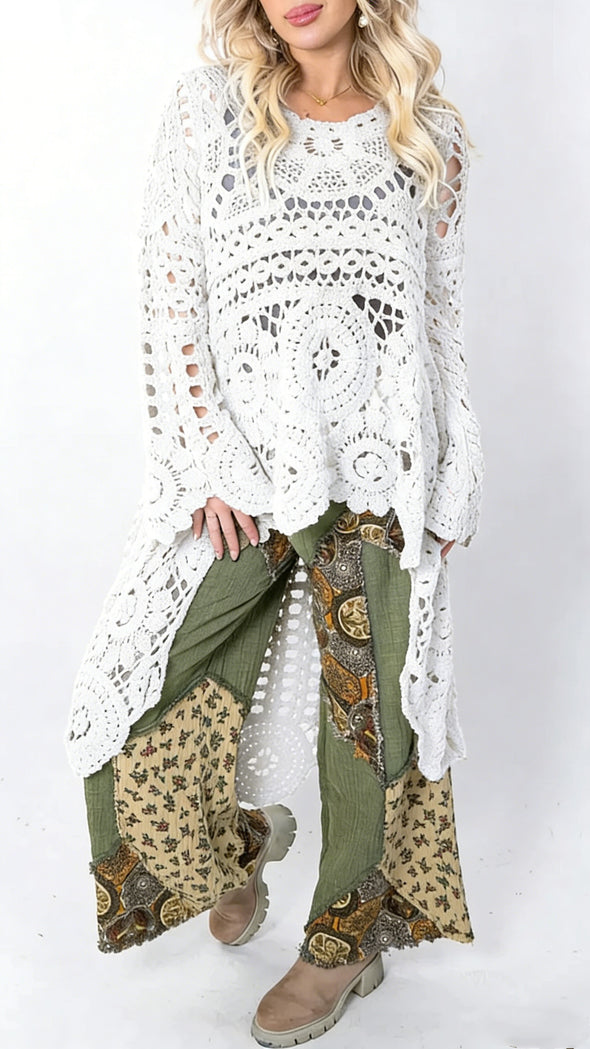 Women Round Neck Printed Hollow Out Casual Long Top