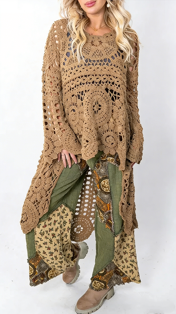 Women Round Neck Printed Hollow Out Casual Long Top