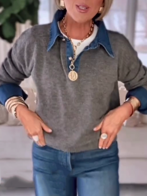 Women Laple Collar Denim Patchwork Sweater Casual Top