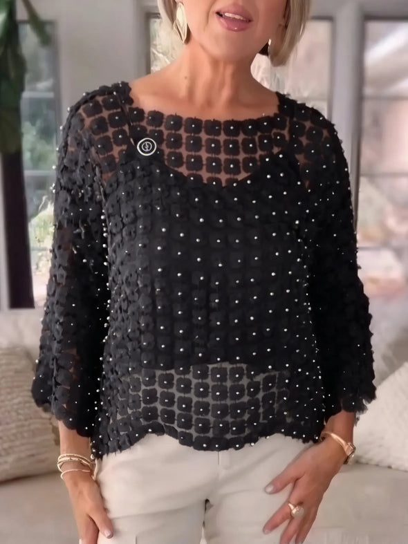 Women Round Neck Nail Bead Hollow Casual Cover Smock