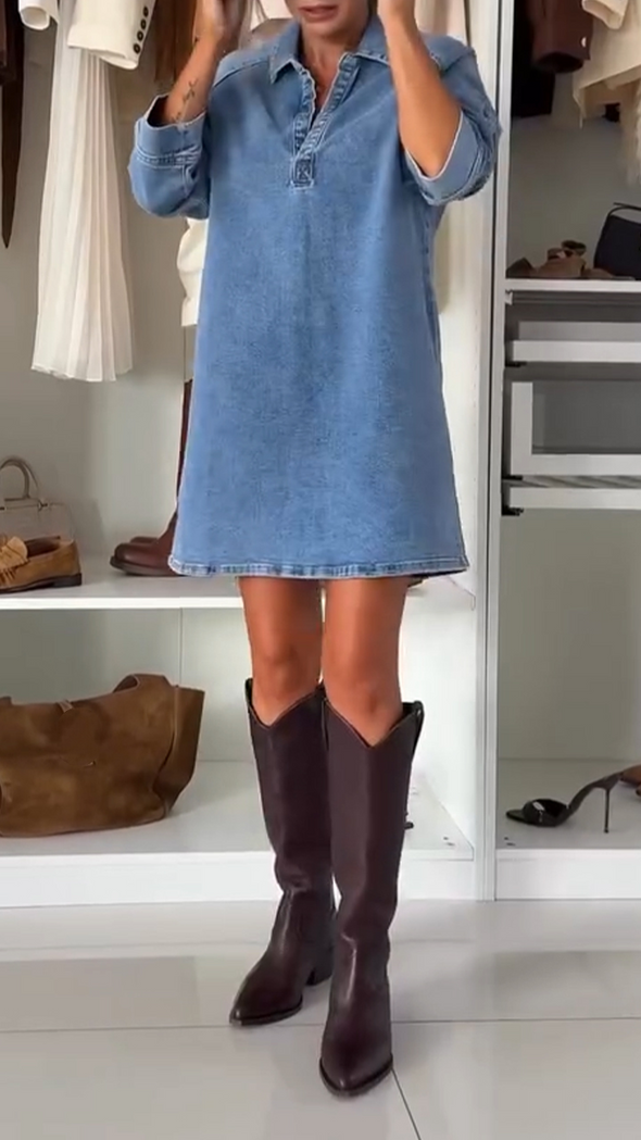 Womens Lapel Denim Casual Dress