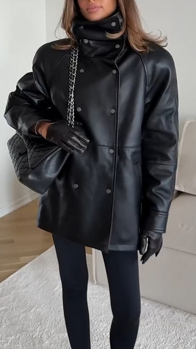 Women Stand-up Collar Temperament Casual Leather Jacket