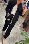 Womens Round Neck Zipper Coat + Pants Casual Suit