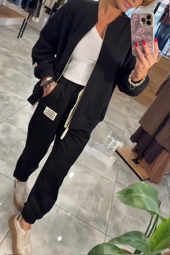 Womens Round Neck Zipper Coat + Pants Casual Suit