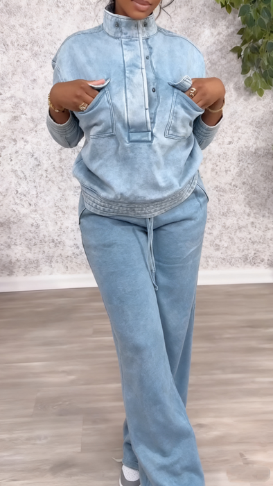Women Stand Collar Spliced top + Drawstring Pants Casual Denim Suit