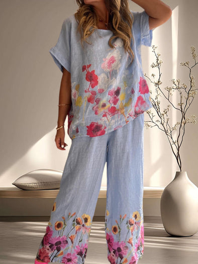 Women Round Neck Printed Loose Casual Suit