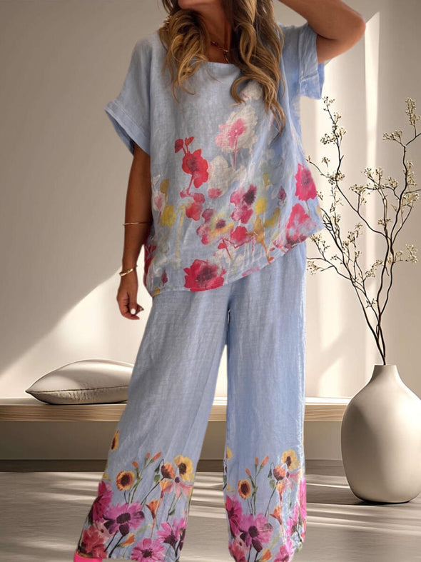 Women Round Neck Printed Loose Casual Suit