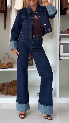 Womens Lapel Splicing Casual Denim Suit