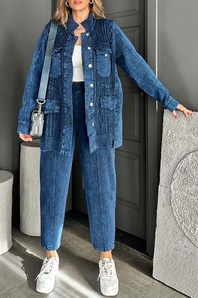 Women Round Neck Patchwork Breasted Jacket+ Pants Casual Set