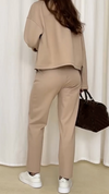 Women Round Neck Breasted Jacket + Pants Solid Color Casual Suit