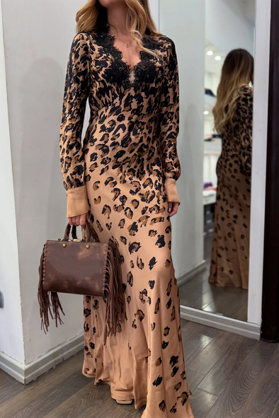 Ladies V-neck Patchwork Printed Elegant Temperament Dress
