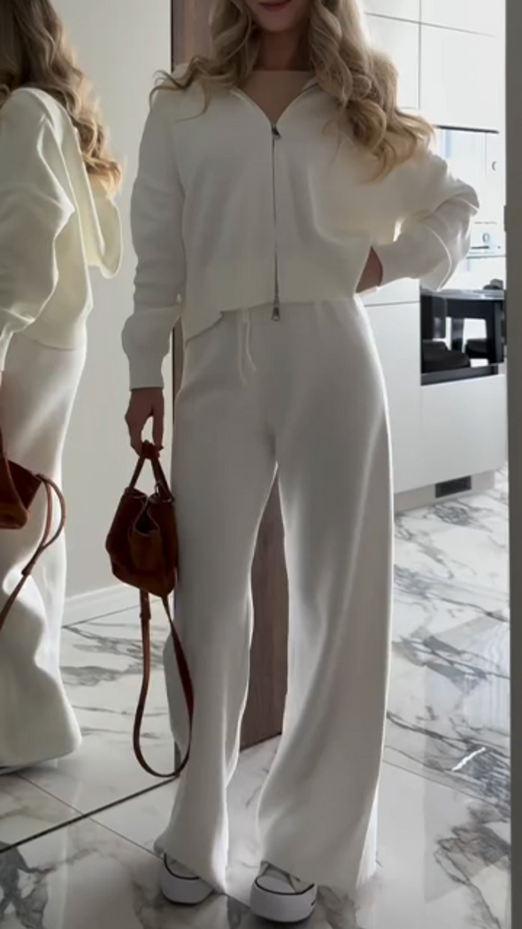 Womens Round Neck Hooded Zip-up Top + Pants Casual Suit