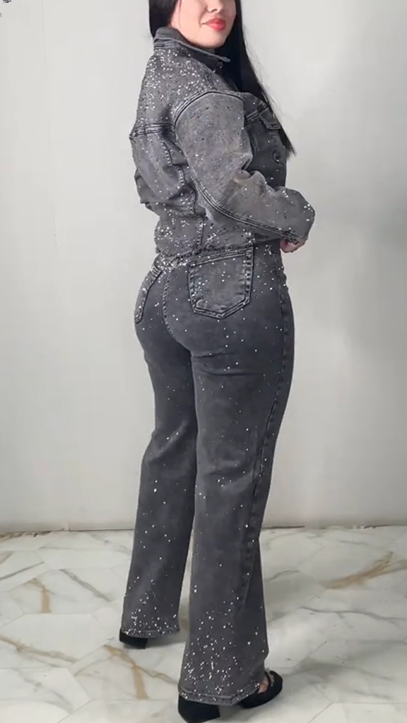 Women Lapel Rhinestone Jacket + Pants Casual Suit