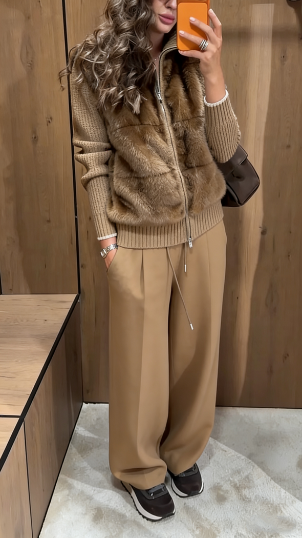 Women Collar Plush Patchwork Jacket+ Pants Casual Set