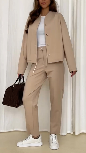 Women Round Neck Breasted Jacket + Pants Solid Color Casual Suit