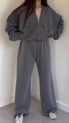 Women Round Neck Zipper Stitching Solid Color Casual Suit