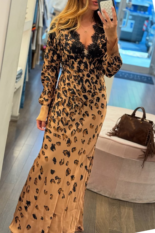 Ladies V-neck Patchwork Printed Elegant Temperament Dress
