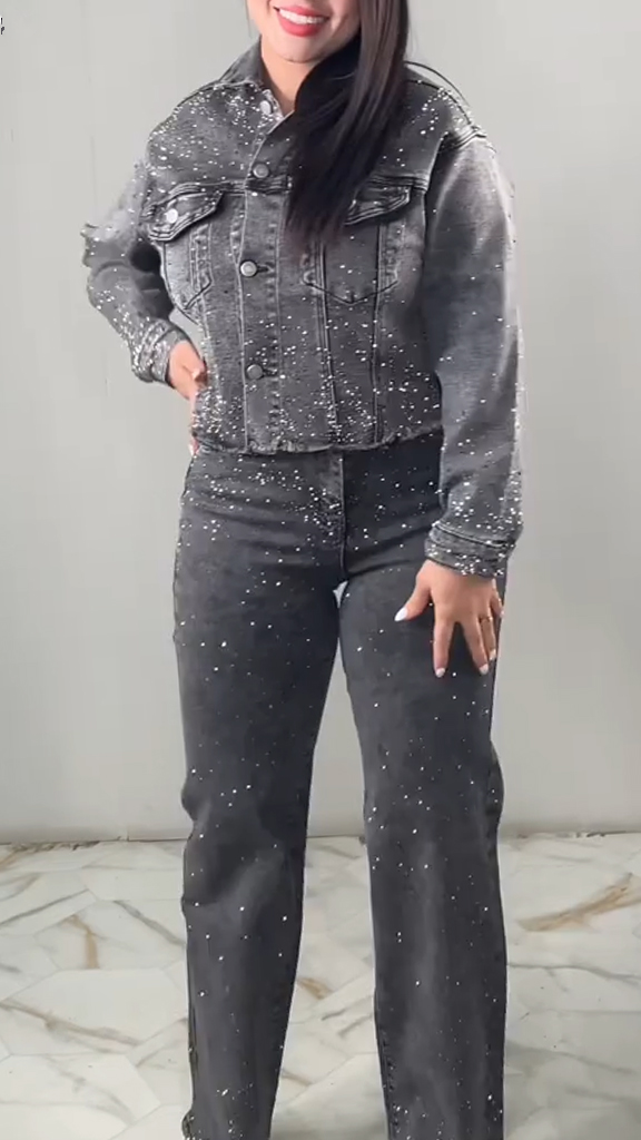 Women Lapel Rhinestone Jacket + Pants Casual Suit