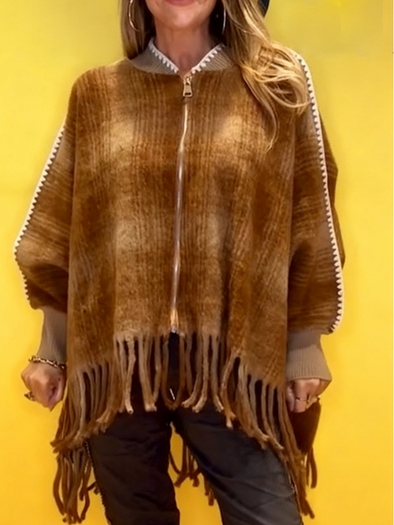 Women Round Neck Plaid Patchwork Tassel Casual Jacket