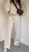 Women Round Neck Zipper Stitching Solid Color Casual Suit