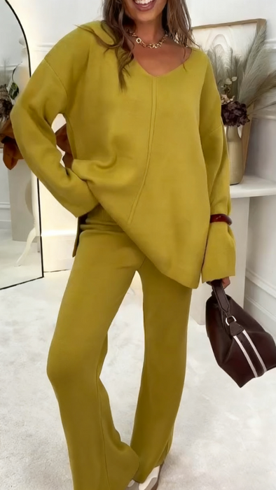 Ladies V-neck Solid Color Casual Suit