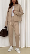Women Round Neck Breasted Jacket + Pants Solid Color Casual Suit
