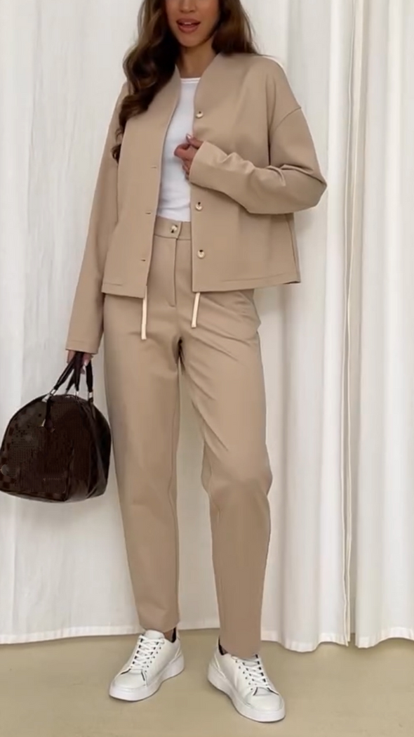 Women Round Neck Breasted Jacket + Pants Solid Color Casual Suit