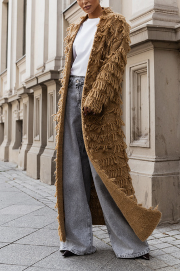 Womens Plush Tassel Casual Long Cardigan