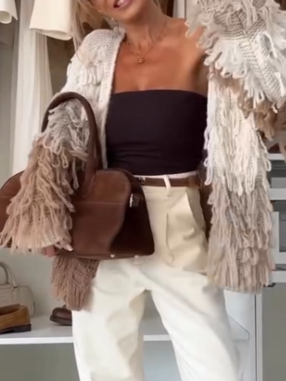 Women Tassel Contrasting Casual Cardigan