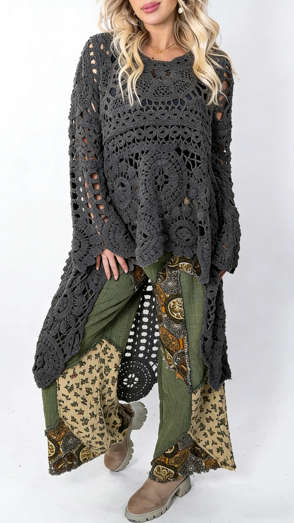 Women Round Neck Printed Hollow Out Casual Long Top