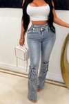 Women Waist Cross Button Wash Water Spliced casual Jeans
