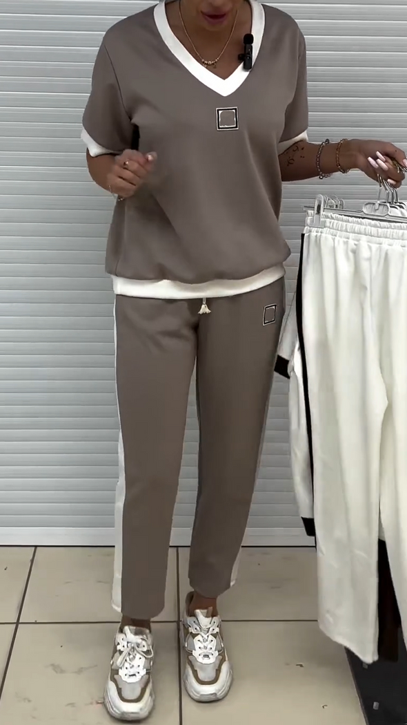 Womens V-neck Top + Pants Casual Set