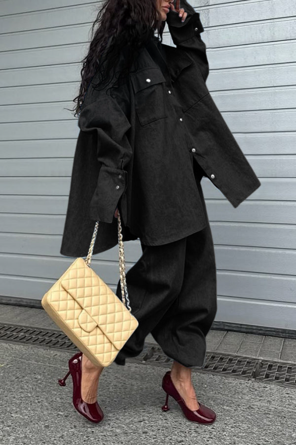 Womens Lapel Loose Top + Pants Casual Suit