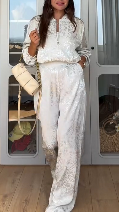 Womens Round Neck Printed Zipper Jacket + Pants Casual Suit