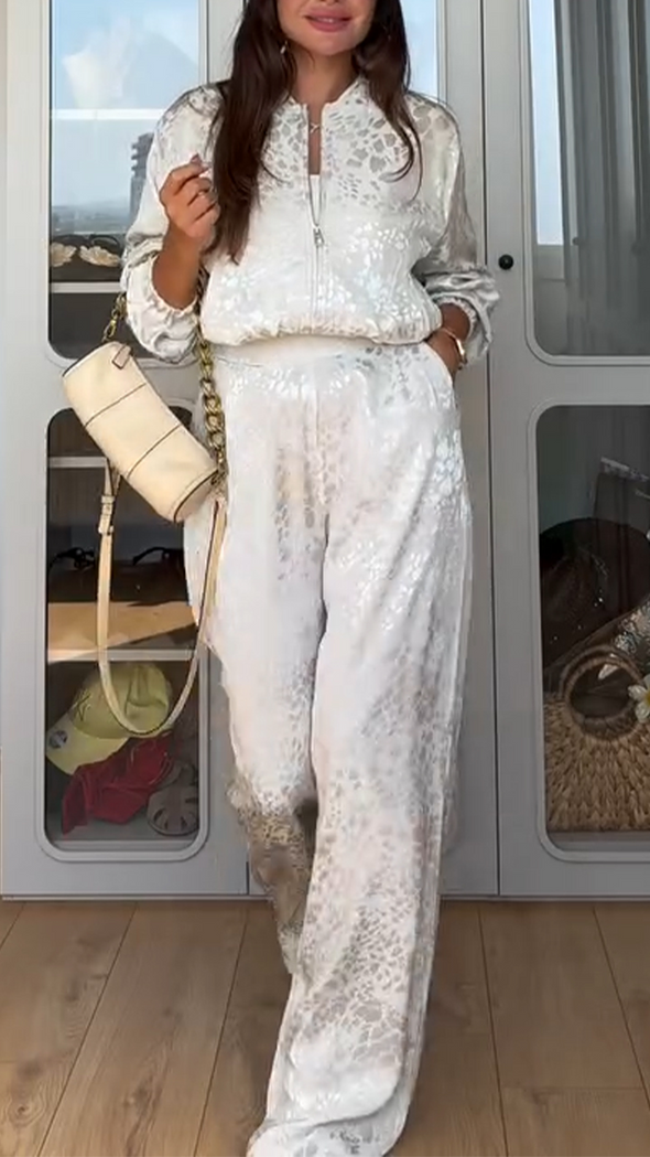 Womens Round Neck Printed Zipper Jacket + Pants Casual Suit