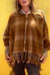 Women Round Neck Plaid Patchwork Tassel Casual Jacket