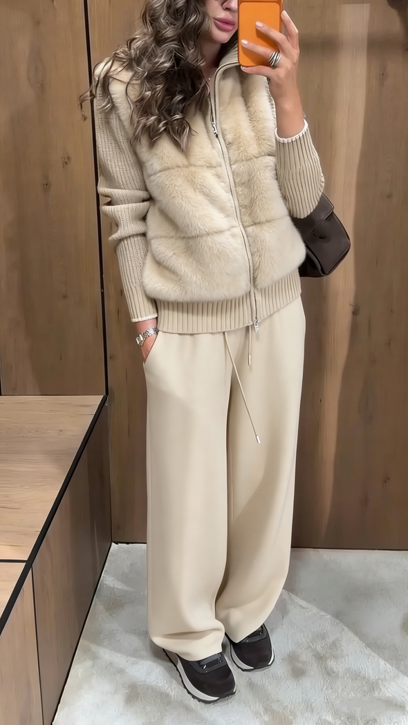 Women Collar Plush Patchwork Jacket+ Pants Casual Set