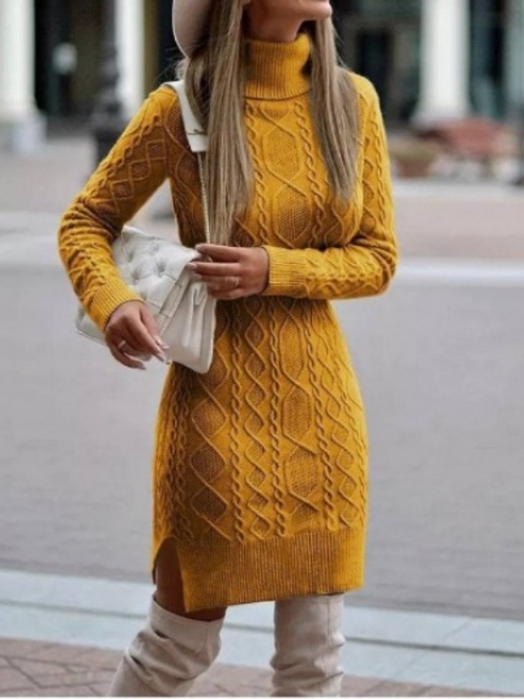 Women Turtleneck Sweater Solid Color Slit Knitted Sweater Dress