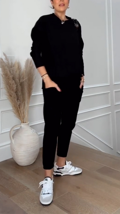Women Round Neck Solid Color Casual Suit