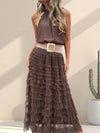 Women Round Neck Top+ Patchwork Mesh Skirt Casual Set