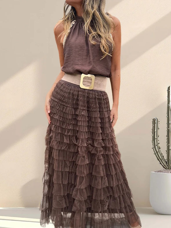 Women Round Neck Top+ Patchwork Mesh Skirt Casual Set