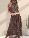 Women Round Neck Top+ Patchwork Mesh Skirt Casual Set