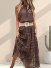Women Round Neck Top+ Patchwork Mesh Skirt Casual Set