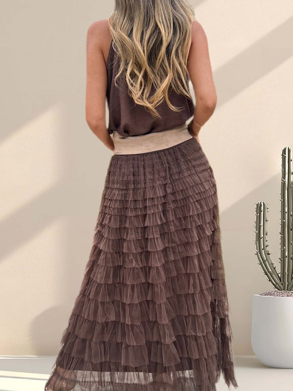 Women Round Neck Top+ Patchwork Mesh Skirt Casual Set