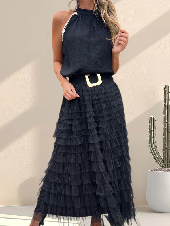 Women Round Neck Top+ Patchwork Mesh Skirt Casual Set